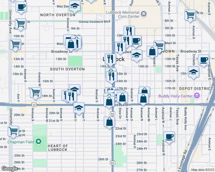 map of restaurants, bars, coffee shops, grocery stores, and more near 1707 16th Street in Lubbock