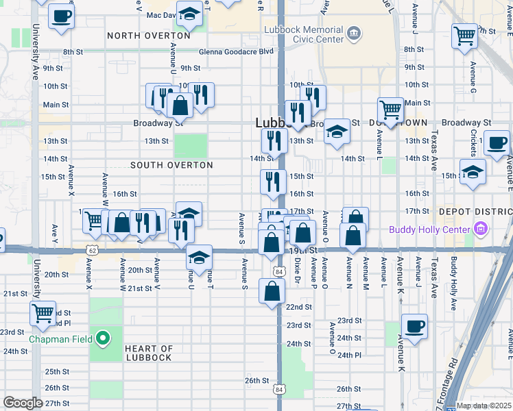 map of restaurants, bars, coffee shops, grocery stores, and more near 1603 Avenue S in Lubbock