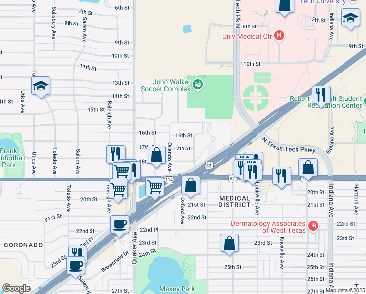 map of restaurants, bars, coffee shops, grocery stores, and more near 4110 17th Street in Lubbock