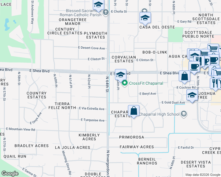 map of restaurants, bars, coffee shops, grocery stores, and more near 6345 East Cochise Road in Paradise Valley