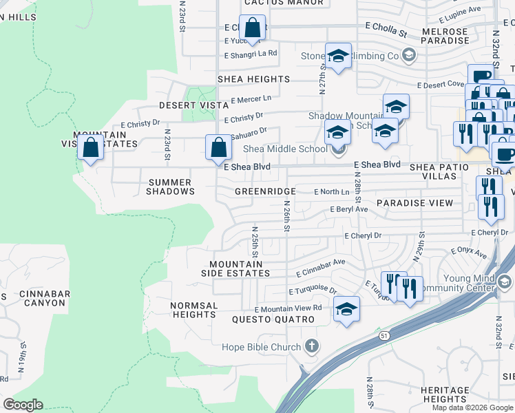 map of restaurants, bars, coffee shops, grocery stores, and more near 2516 East Cochise Road in Phoenix