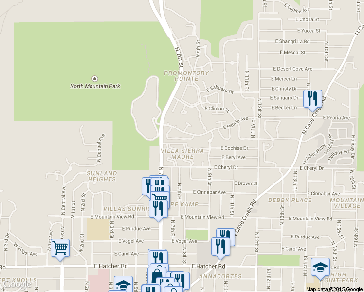 map of restaurants, bars, coffee shops, grocery stores, and more near 735 East North Lane in Phoenix