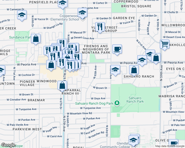 map of restaurants, bars, coffee shops, grocery stores, and more near 10325 North 65th Drive in Glendale