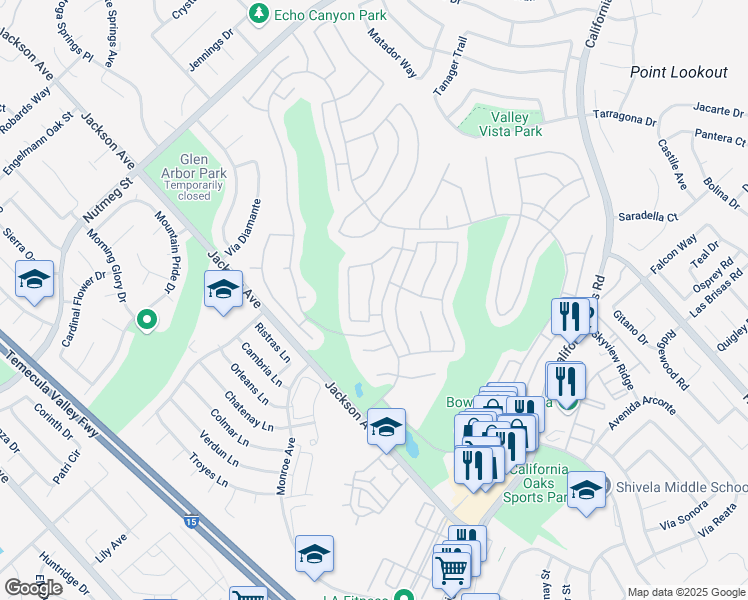 map of restaurants, bars, coffee shops, grocery stores, and more near 40561 Calle Galacia in Murrieta