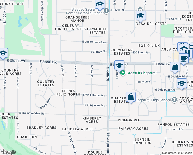 map of restaurants, bars, coffee shops, grocery stores, and more near 6303 East Cochise Road in Paradise Valley