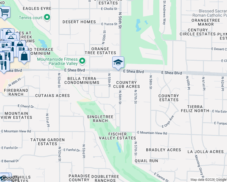 map of restaurants, bars, coffee shops, grocery stores, and more near 10235 North 55th Place in Paradise Valley