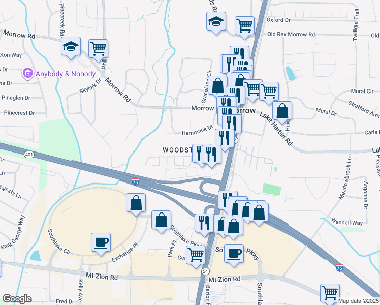 map of restaurants, bars, coffee shops, grocery stores, and more near 1415 John Robert Drive in Morrow