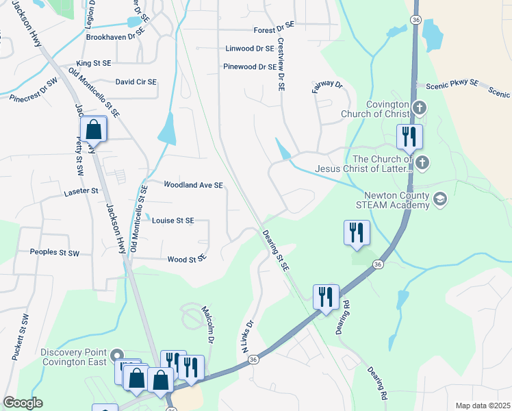 map of restaurants, bars, coffee shops, grocery stores, and more near 9117 Dearing Street Southeast in Covington