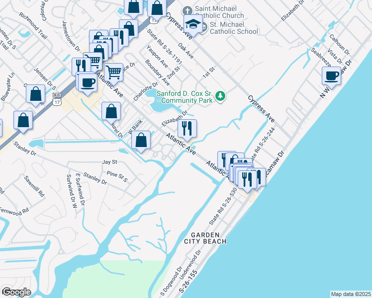 map of restaurants, bars, coffee shops, grocery stores, and more near 314 Atlantic Avenue in Murrells Inlet