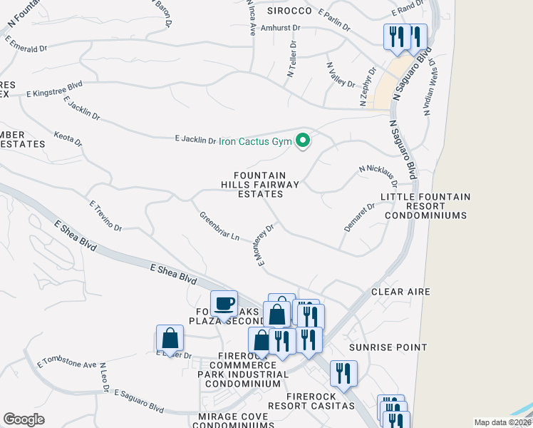 map of restaurants, bars, coffee shops, grocery stores, and more near 16817 East Nicklaus Drive in Fountain Hills