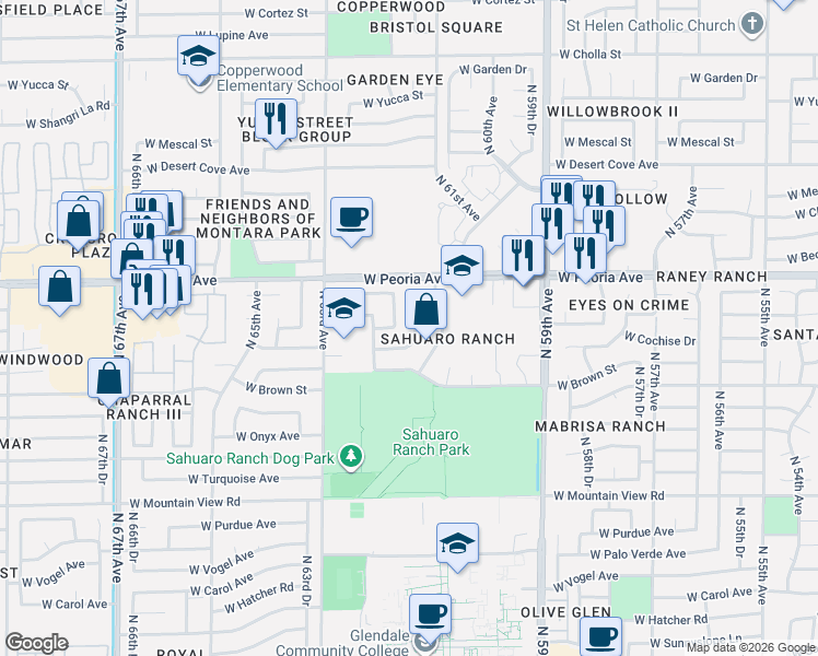 map of restaurants, bars, coffee shops, grocery stores, and more near 6117 West Cochise Drive in Glendale
