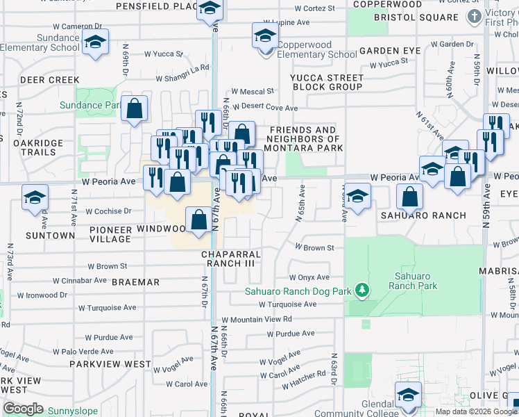 map of restaurants, bars, coffee shops, grocery stores, and more near 6547 West Cochise Drive in Glendale