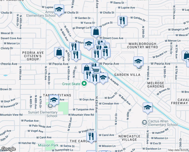 map of restaurants, bars, coffee shops, grocery stores, and more near 10240 N 43rd Ave in Glendale