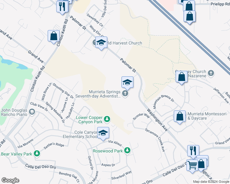 map of restaurants, bars, coffee shops, grocery stores, and more near 37119 Starbuck Circle in Murrieta