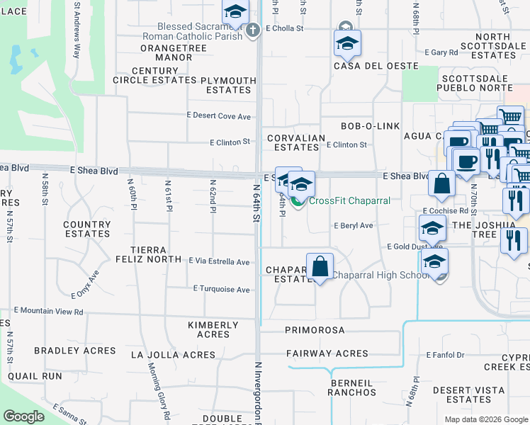 map of restaurants, bars, coffee shops, grocery stores, and more near 6345 East Cochise Road in Paradise Valley