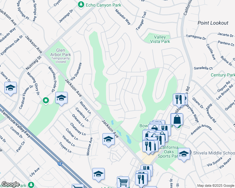 map of restaurants, bars, coffee shops, grocery stores, and more near 40561 Calle Galacia in Murrieta