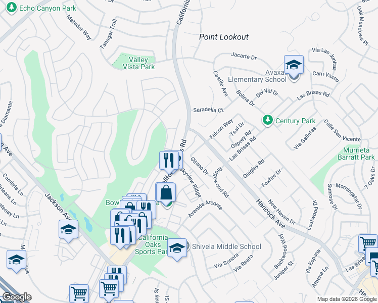 map of restaurants, bars, coffee shops, grocery stores, and more near 40075 Festival Road in Murrieta
