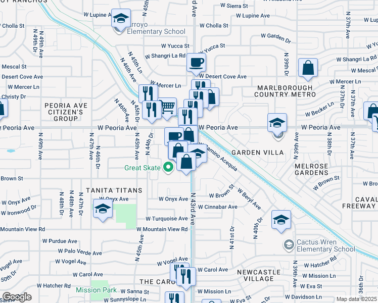 map of restaurants, bars, coffee shops, grocery stores, and more near 10240 North 43rd Avenue in Glendale