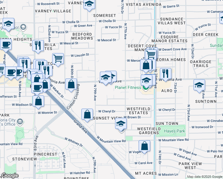map of restaurants, bars, coffee shops, grocery stores, and more near 7785 West Peoria Avenue in Peoria