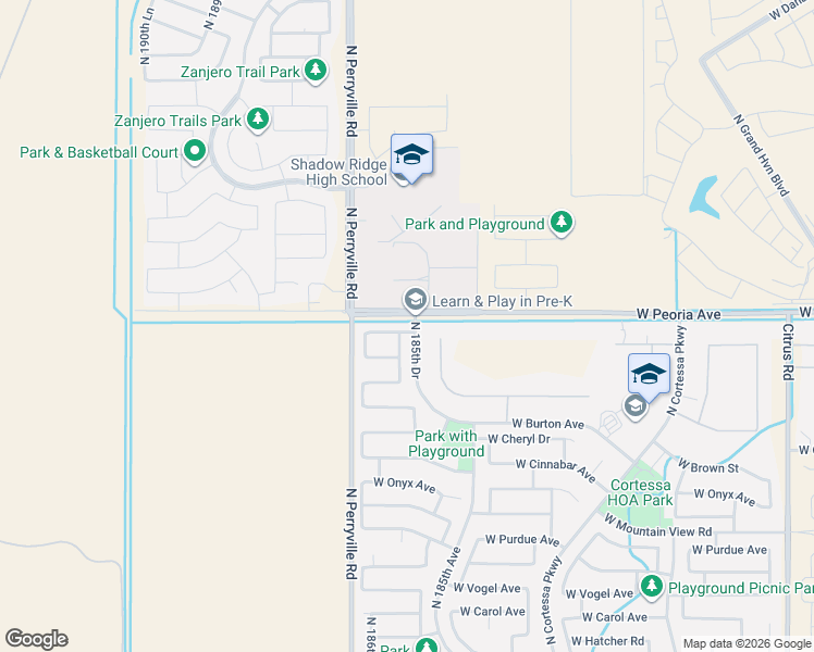 map of restaurants, bars, coffee shops, grocery stores, and more near 18550 West Kolina Lane in Waddell