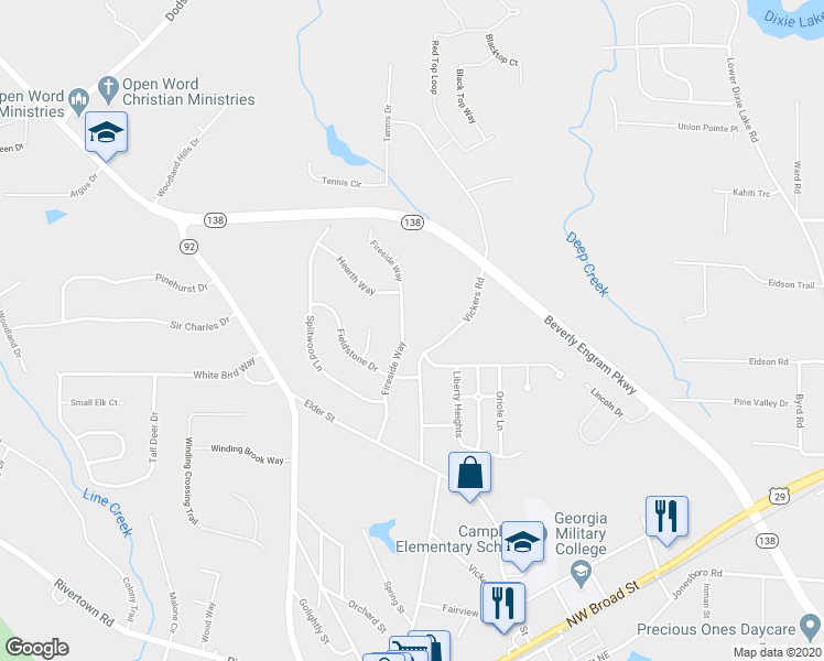 map of restaurants, bars, coffee shops, grocery stores, and more near 250 Fireside Way in Fairburn