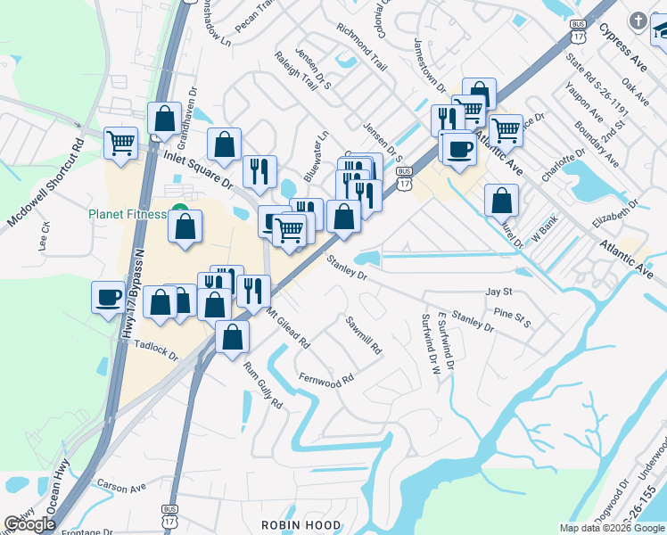 map of restaurants, bars, coffee shops, grocery stores, and more near 435 Stanley Drive in Murrells Inlet