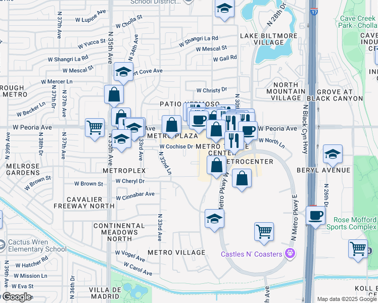 map of restaurants, bars, coffee shops, grocery stores, and more near 3131 West Cochise Drive in Phoenix