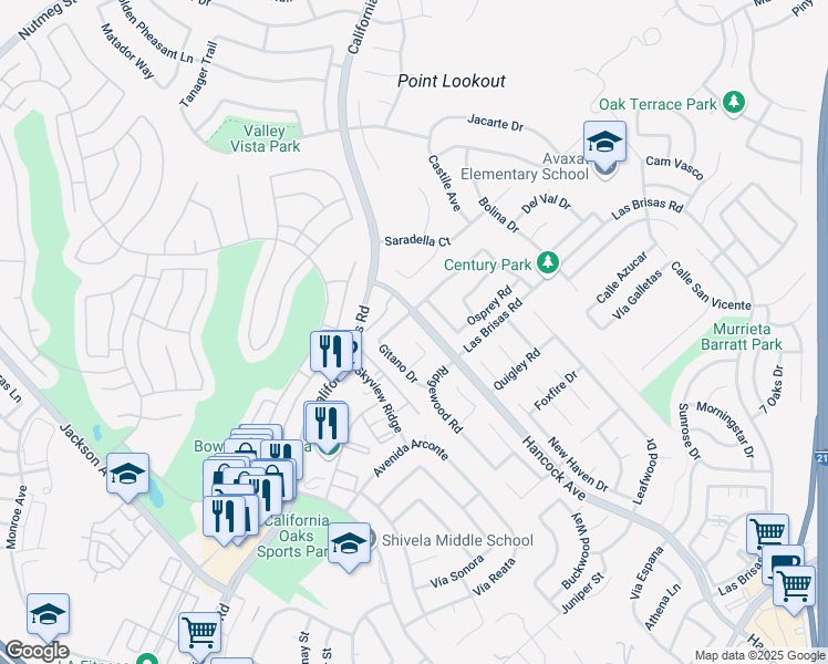 map of restaurants, bars, coffee shops, grocery stores, and more near 40002 Zamura Court in Murrieta