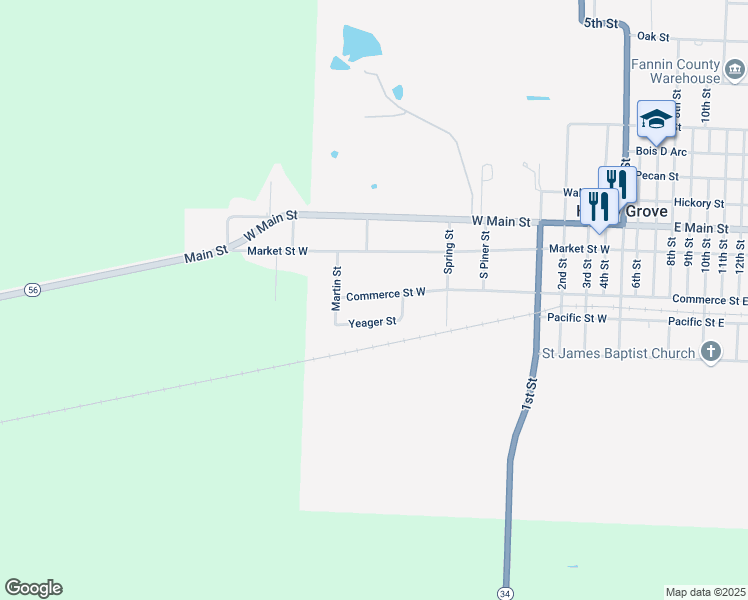 map of restaurants, bars, coffee shops, grocery stores, and more near 1009 Commerce Street West in Honey Grove