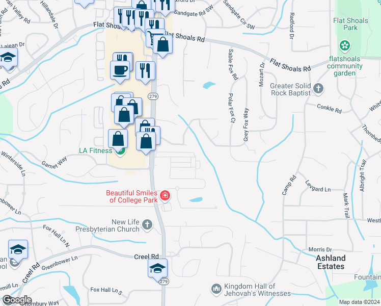 map of restaurants, bars, coffee shops, grocery stores, and more near 6388 Olmadison Place in Atlanta