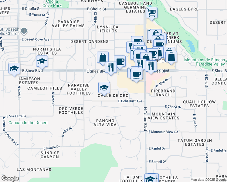 map of restaurants, bars, coffee shops, grocery stores, and more near 4550 East Cochise Road in Phoenix