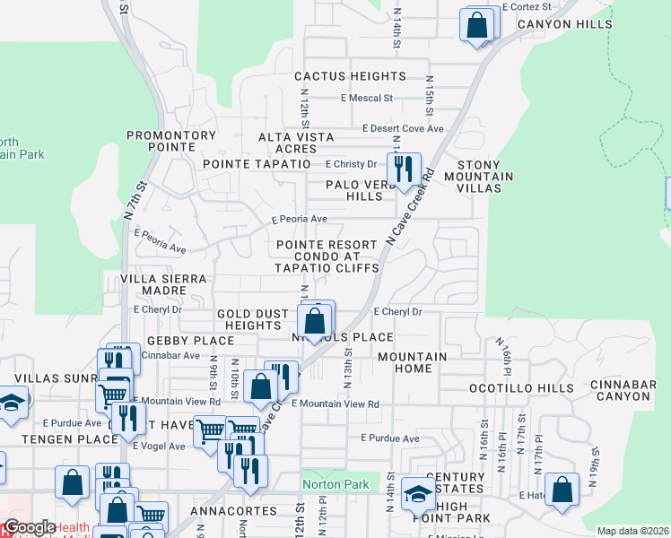 map of restaurants, bars, coffee shops, grocery stores, and more near 10410 Cave Creek Road in Phoenix