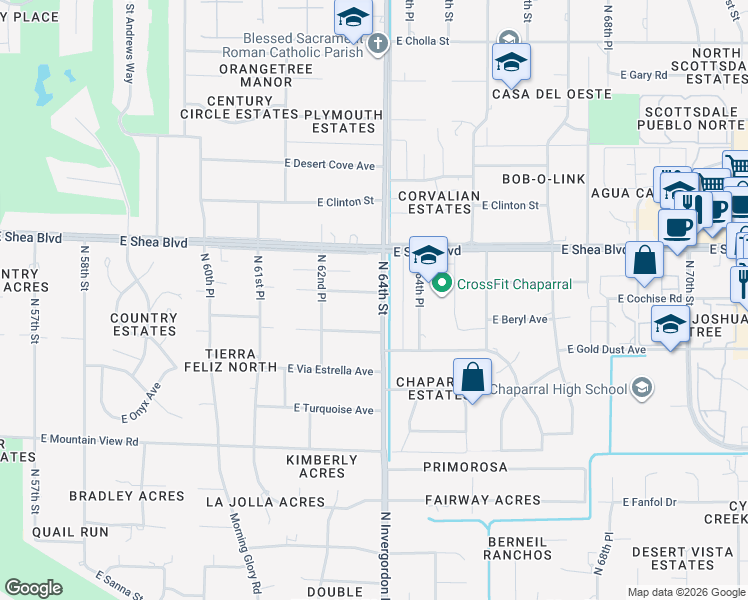 map of restaurants, bars, coffee shops, grocery stores, and more near 6345 East Cochise Road in Paradise Valley