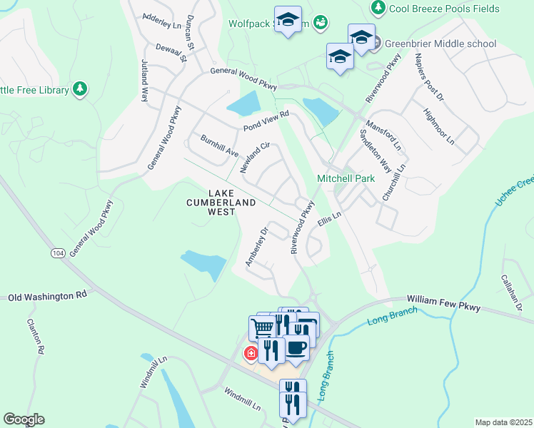 map of restaurants, bars, coffee shops, grocery stores, and more near 1804 Amberley Drive in Evans