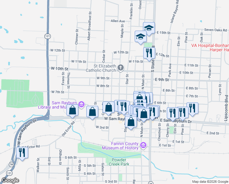 map of restaurants, bars, coffee shops, grocery stores, and more near 414 West 7th Street in Bonham