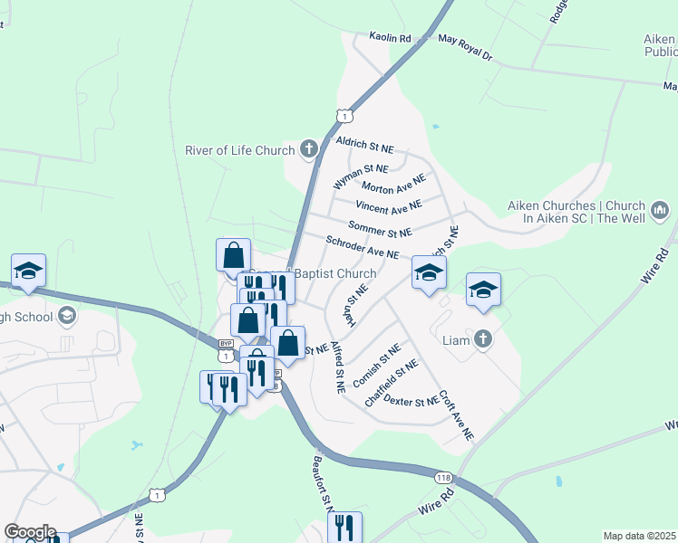 map of restaurants, bars, coffee shops, grocery stores, and more near 1257 Alfred Street in Aiken