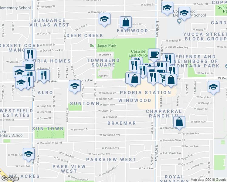 map of restaurants, bars, coffee shops, grocery stores, and more near 6937 West North Lane in Peoria