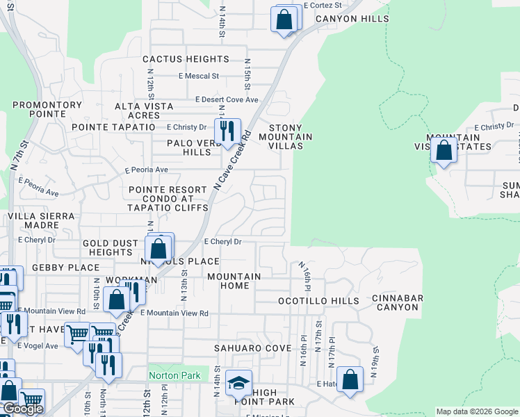 map of restaurants, bars, coffee shops, grocery stores, and more near 10401 North Cave Creek Road in Phoenix