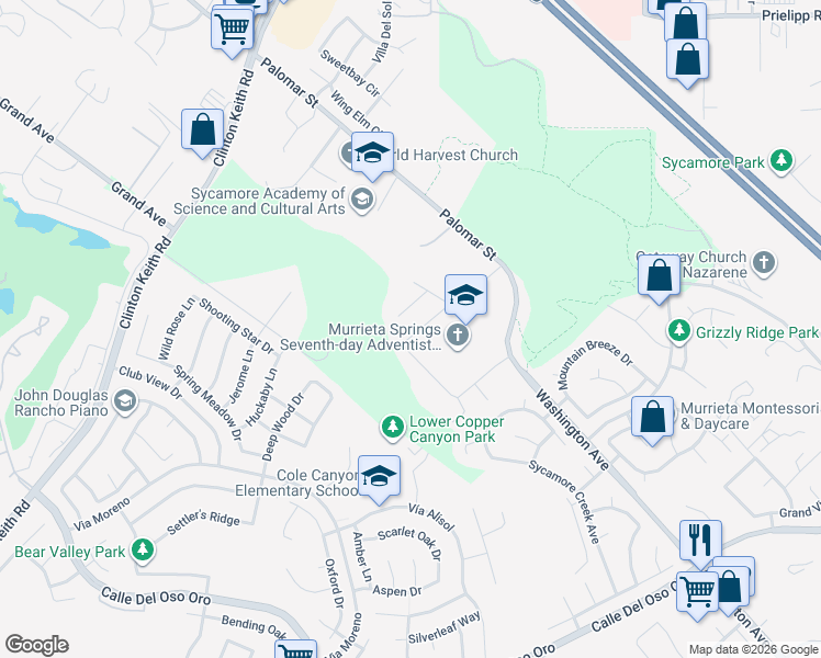 map of restaurants, bars, coffee shops, grocery stores, and more near 37143 Starbuck Circle in Murrieta