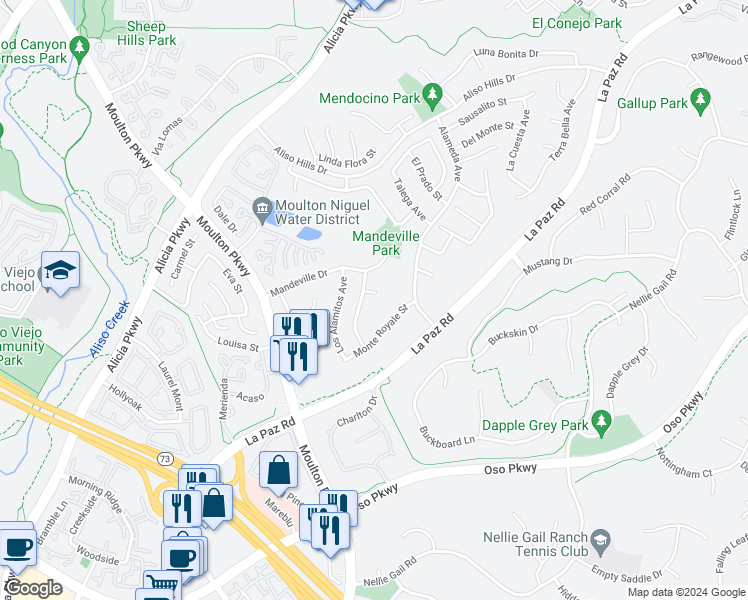 map of restaurants, bars, coffee shops, grocery stores, and more near 24702 Las Alturas Court in Laguna Hills