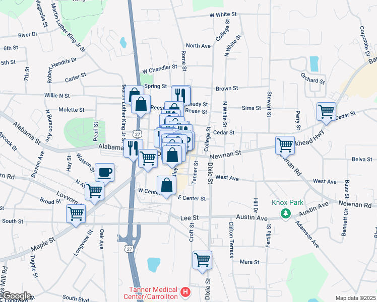 map of restaurants, bars, coffee shops, grocery stores, and more near 126 State Route 166 Bus in Carrollton