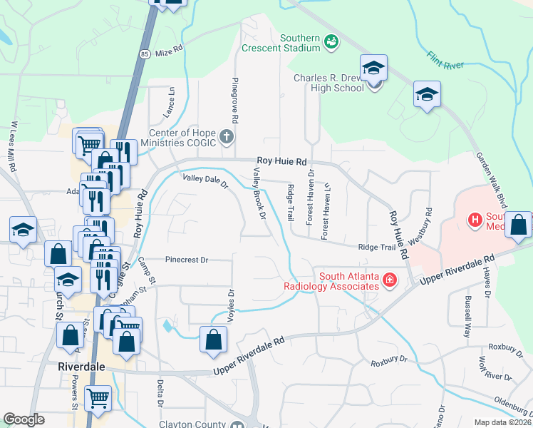 map of restaurants, bars, coffee shops, grocery stores, and more near 6402 Valley Brook Drive in Riverdale