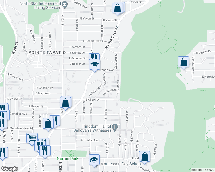map of restaurants, bars, coffee shops, grocery stores, and more near 10401 North Cave Creek Road in Phoenix