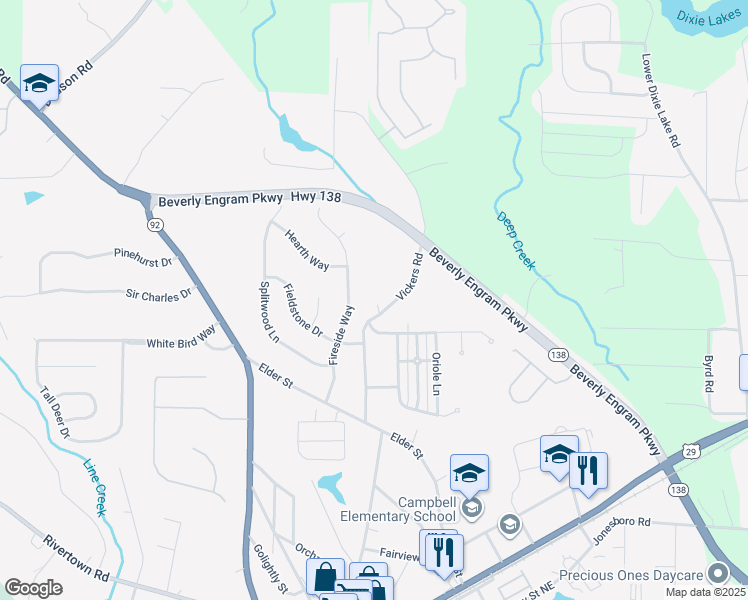 map of restaurants, bars, coffee shops, grocery stores, and more near 360 Vickers Road in Fairburn