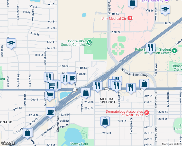 map of restaurants, bars, coffee shops, grocery stores, and more near 1717 Norfolk Avenue in Lubbock