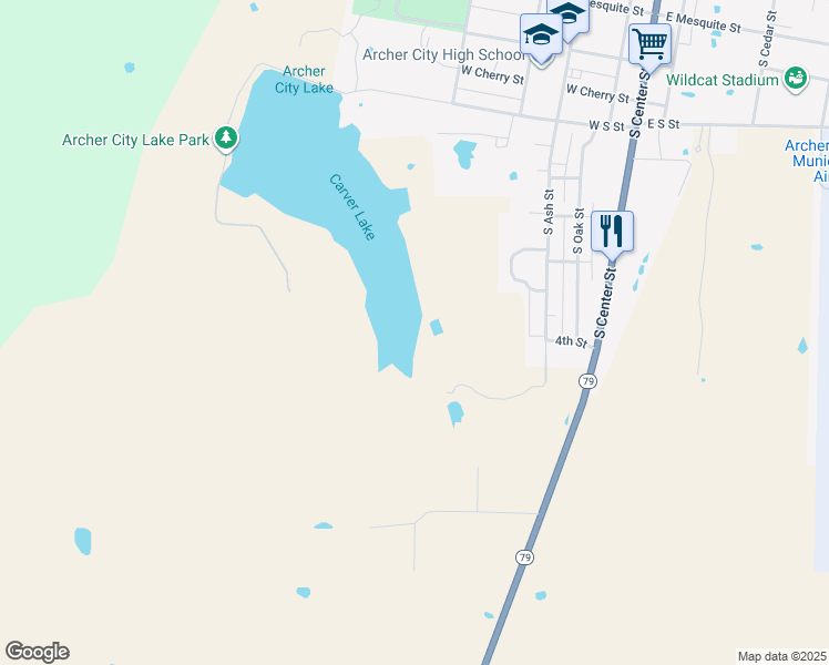 map of restaurants, bars, coffee shops, grocery stores, and more near 2-8 Burkett Circle in Archer City