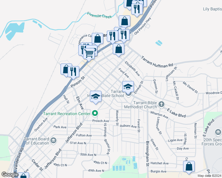 map of restaurants, bars, coffee shops, grocery stores, and more near 1415 Virginia Street in Birmingham