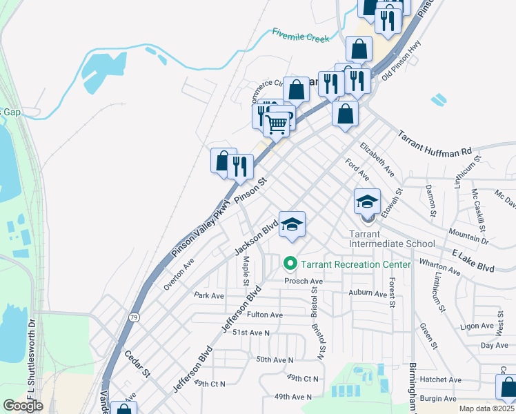 map of restaurants, bars, coffee shops, grocery stores, and more near 1220 Finley Street in Birmingham
