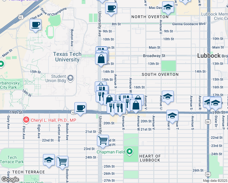 map of restaurants, bars, coffee shops, grocery stores, and more near 2319 16th Street in Lubbock