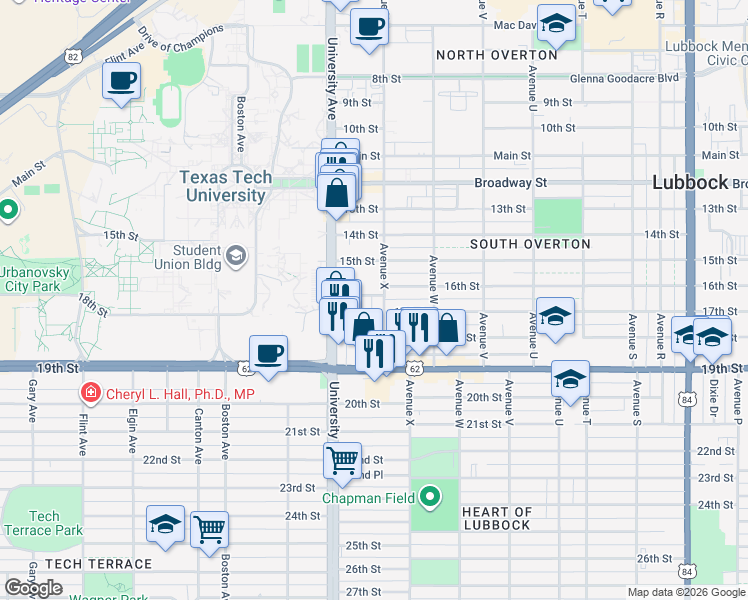 map of restaurants, bars, coffee shops, grocery stores, and more near 2405 16th Street in Lubbock